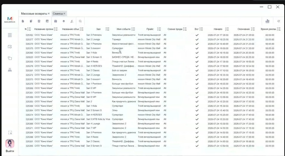 Таблица сеансов